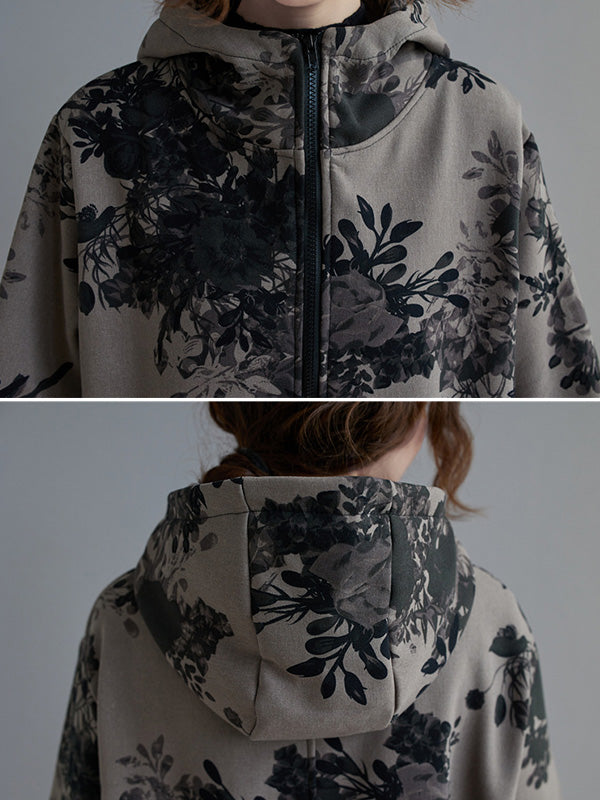 xakxx Artistic Retro Loose Floral Printed Hooded Long Sleeves Outwear
