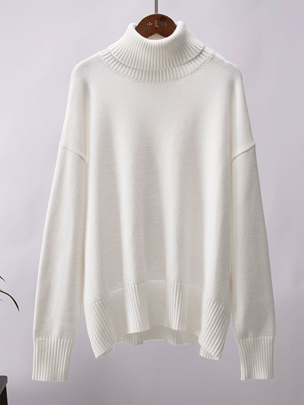xakxx Long Sleeves Loose Solid Color High Neck Knitwear Pullovers Sweater Tops