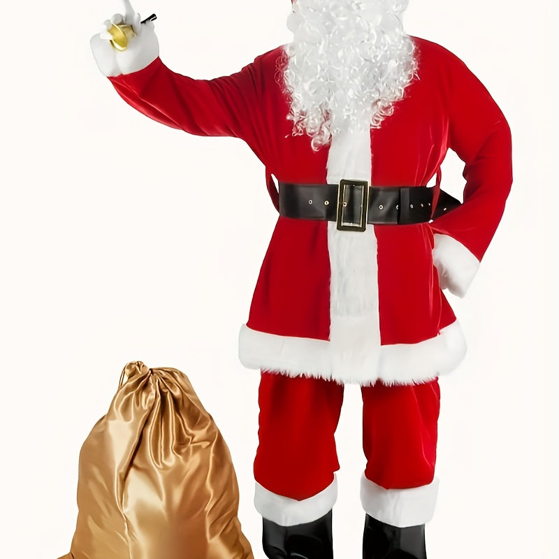 Luxurious Velvet Santa Claus Costume Set for Adults, 11pcs Christmas Outfit with Wig, Gloves, and Belt - Red Polyester, Best for Christmas