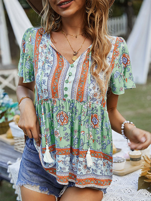 xakxx Loose Short Sleeves Buttoned Flower Print Split-Joint Tasseled Tied V-Neck T-Shirts Tops