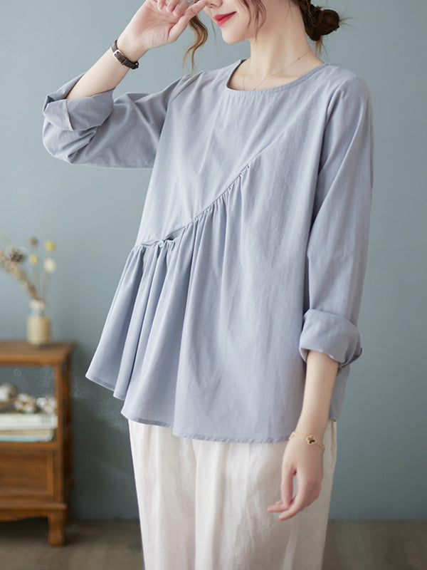 xakxx Casual Loose Long Sleeves Solid Color Round-Neck T-Shirts Tops