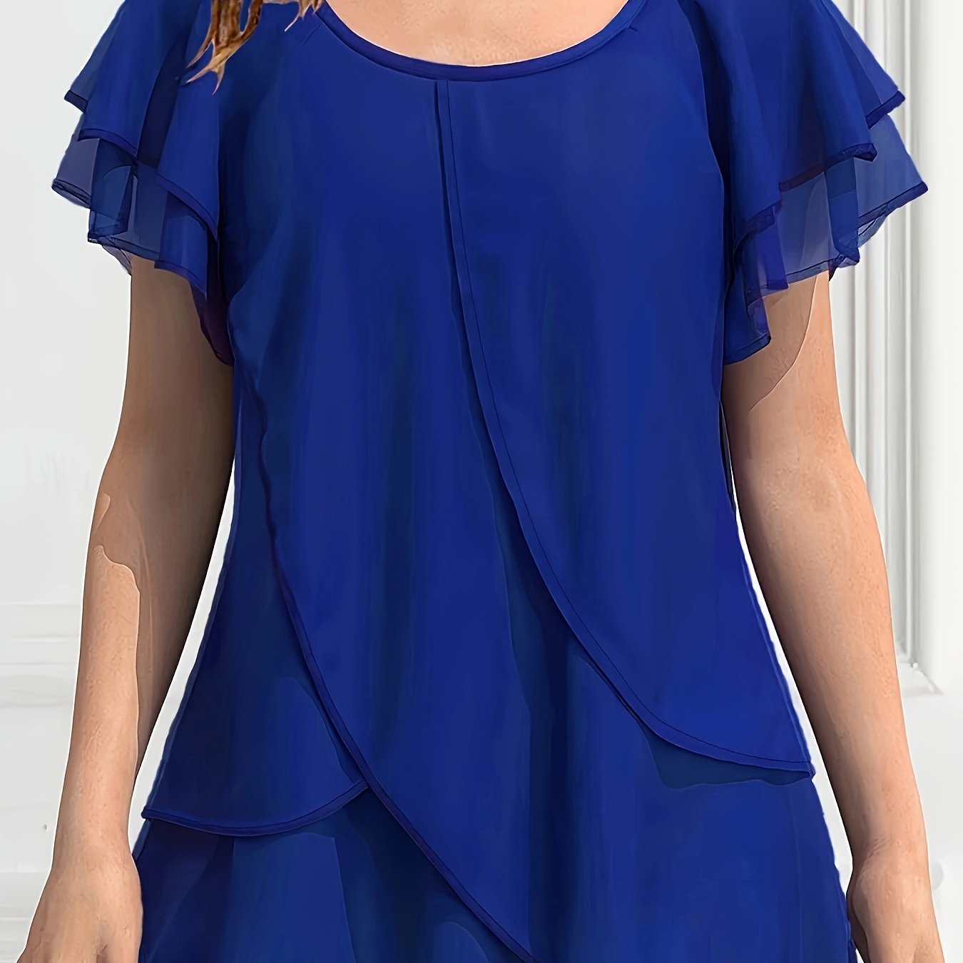 Vibrant Color Crew Neck Blouse - Ruffled Sleeve, Layered, Casual, Spring & Summer Essential - Women's Clothing for Everyday Wear