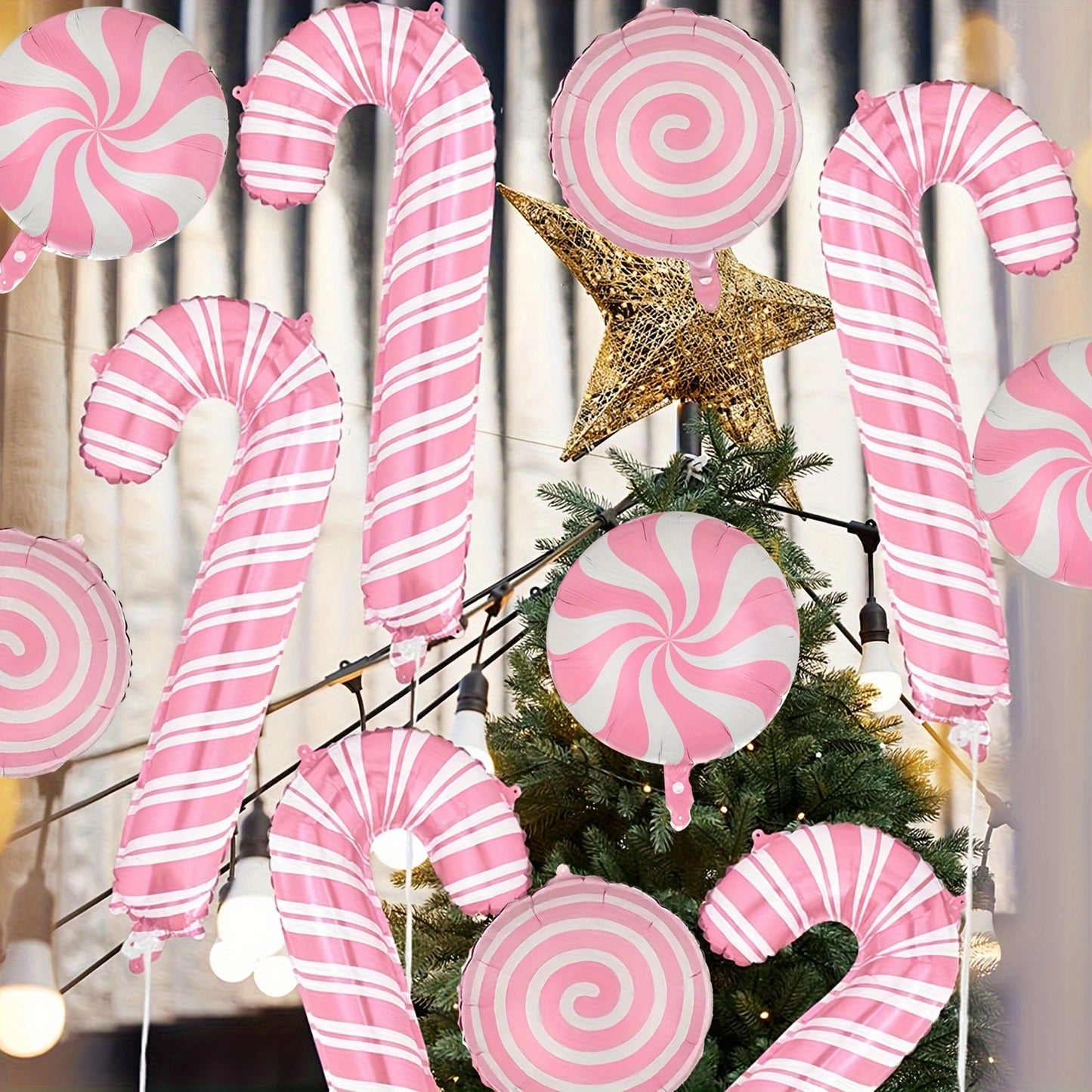 6pcs 18-inch Pink Candy Windmill Round Ball Large Crutch Christmas Stick Balloon Christmas New Year Party Decoration Balloon, Best for Christmas