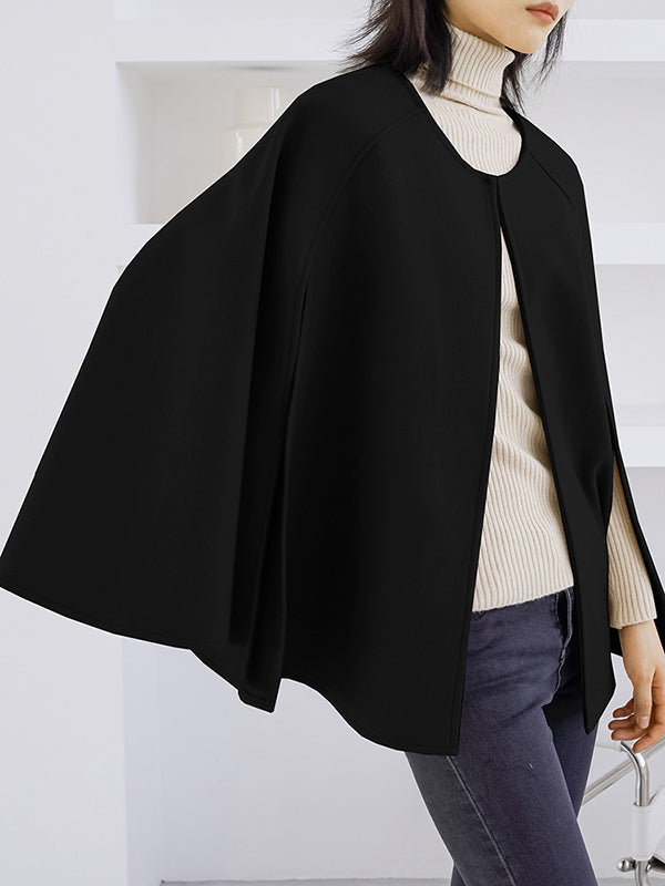 xakxx Casual Loose Solid Color Round-Neck Cape Outerwear