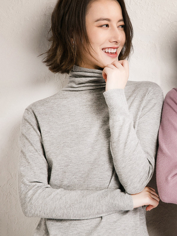 xakxx Simple Loose Long Sleeves Solid Color High-Neck Sweater Tops