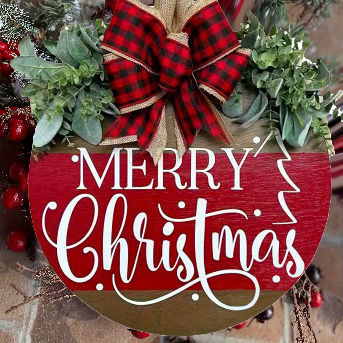 Christmas Wreath Welcome Sign - Outdoor Holiday Decoration for Front Door, Porch, Farmhouse, Home Bar, Indoor, Room Decor - Rustic, Hanging, Gift Idea, Seasonal Decor