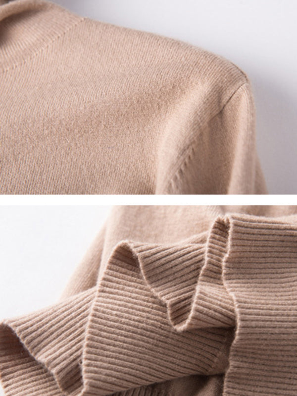 xakxx Simple Loose Long Sleeves Solid Color High-Neck Sweater Tops