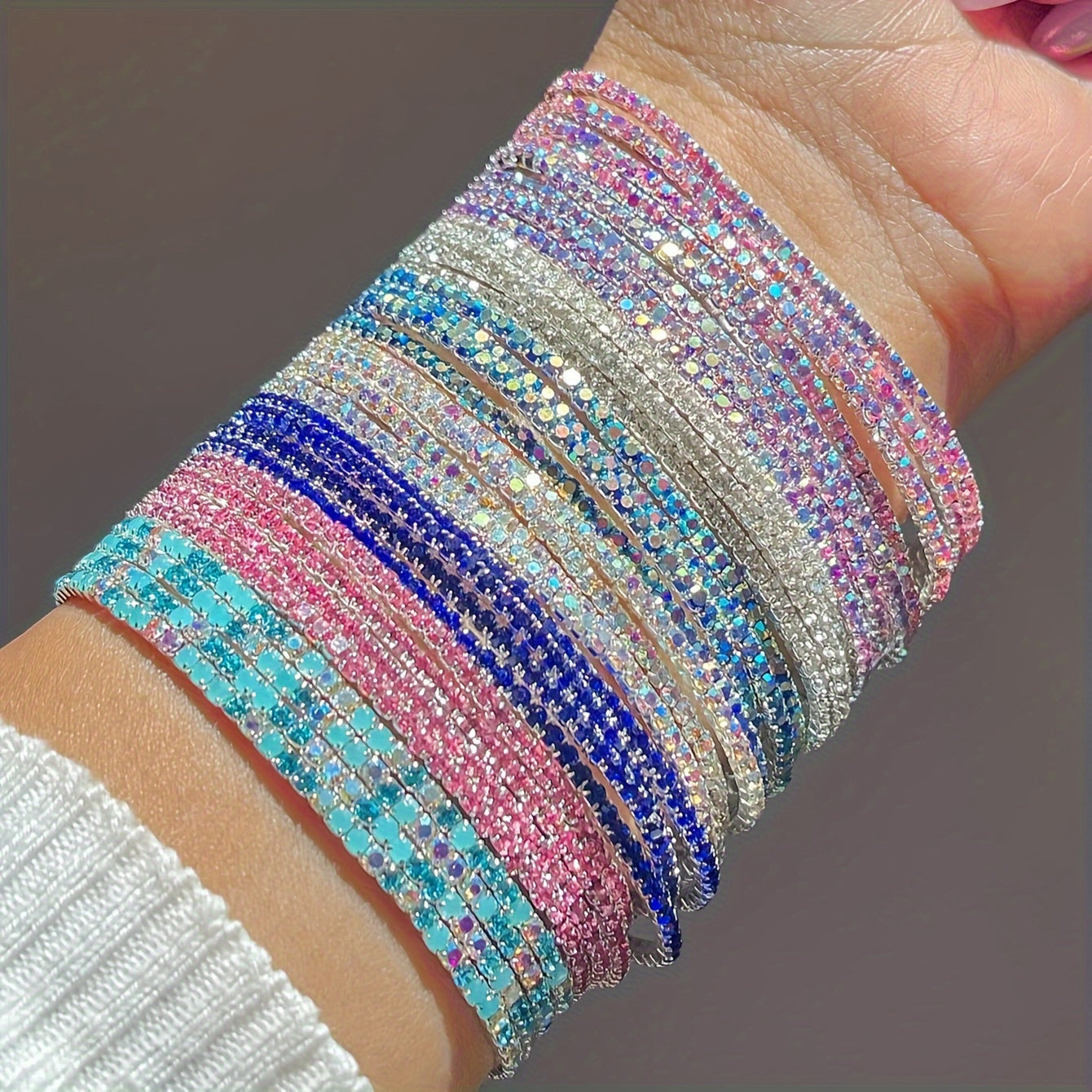 5pcs Fashion Dopamine Delight - Multi-Color Rhinestone Stretch Bracelets Set - Dazzling Elastic Wristbands for Parties, Holidays, Dates & Everyday Glam - Adjustable, Comfort-Fit, Assorted Colors Gift Idea