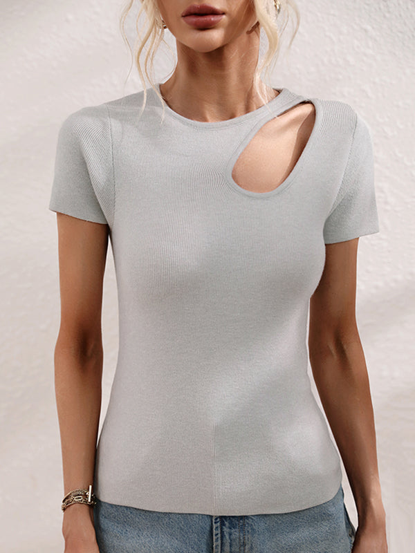 xakxx Short Sleeves Skinny Asymmetric Hollow Solid Color Round-neck T-Shirts Tops