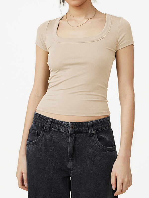 xakxx Short Sleeves Skinny Solid Color Square-Neck T-Shirts Tops