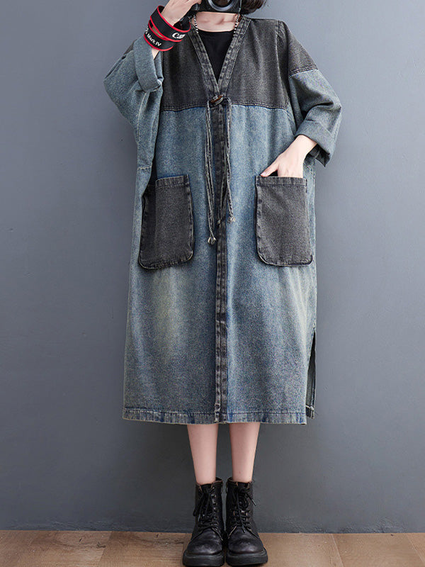xakxx Artistic Retro Denim Long Sleeves Loose Tied Split-Joint Trench Outerwear