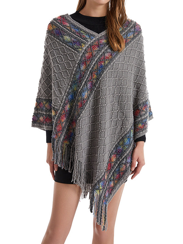 xakxx Loose Asymmetric Tasseled V-Neck Cape Shawl&Cloak