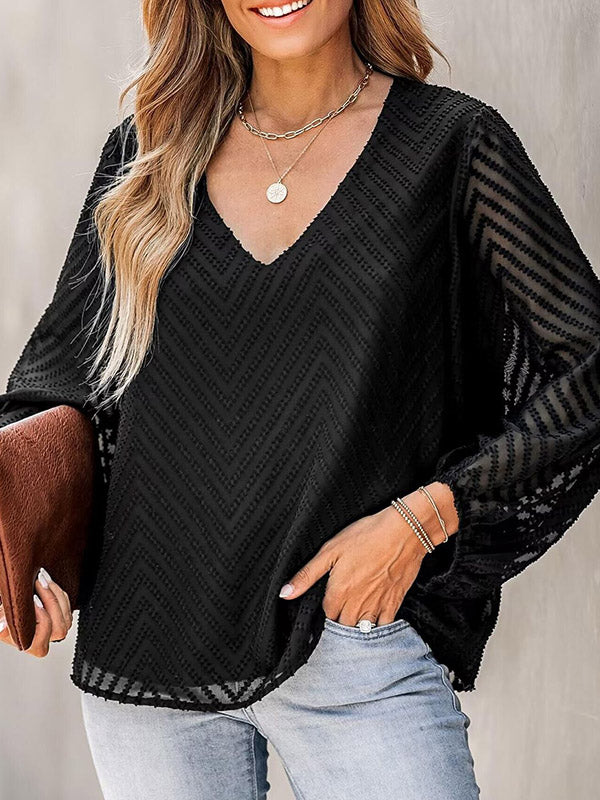 xakxx Loose Puff Sleeves Jacquard Pleated See-Through Split-Joint V-Neck T-Shirts
