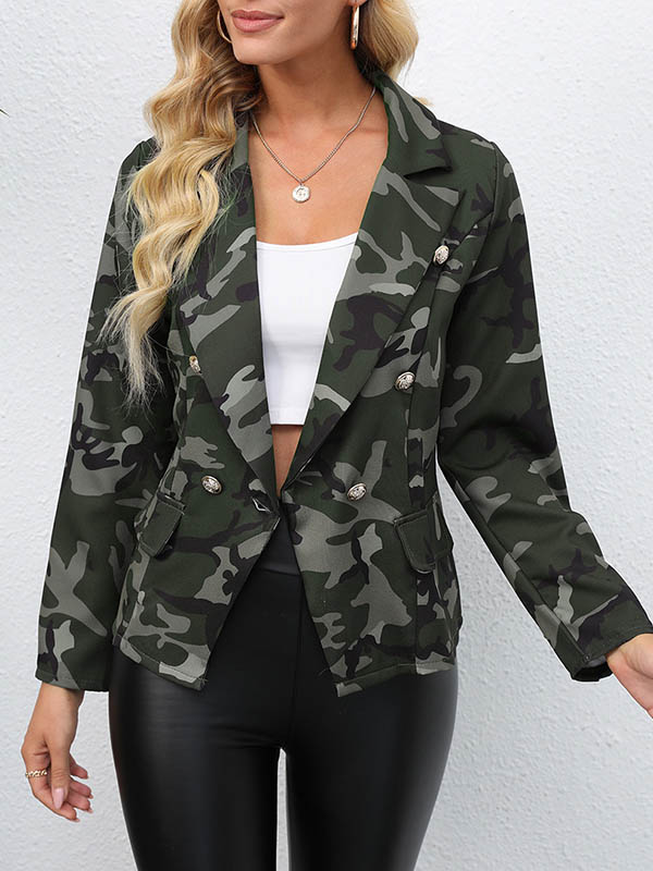 xakxx Long Sleeves Loose Buttoned Camouflage Pockets Notched Collar Blazer Outerwear