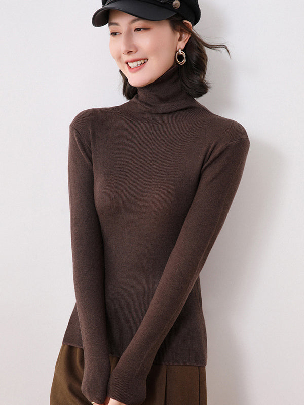 xakxx Simple Skinny Long Sleeves Solid Color High-Neck Sweater Tops Pullovers