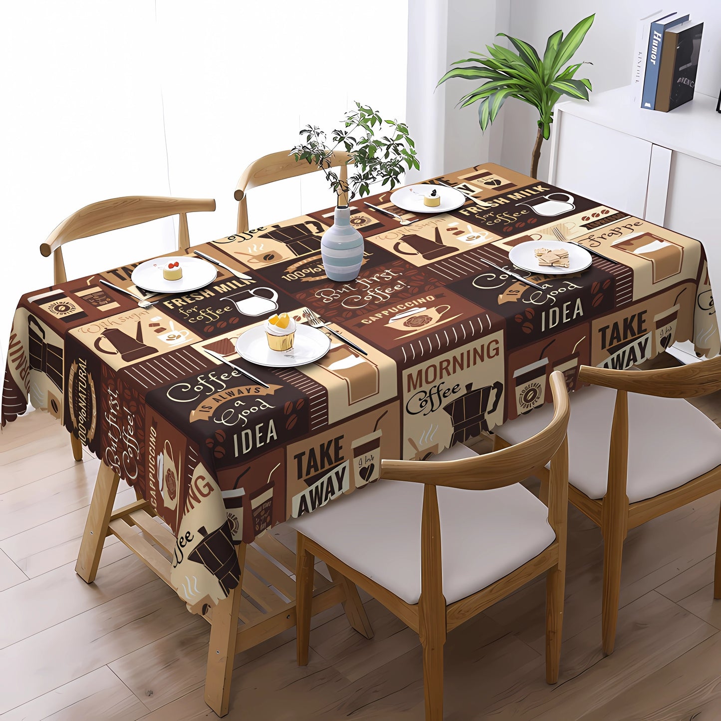 1pc Vintage Coffee Pattern Tablecloth - Stain Resistant, Waterproof, Edge Embossing Craft, No Pleated, Printed Table Cover for Home Decor, Easy to Clean, and Durable