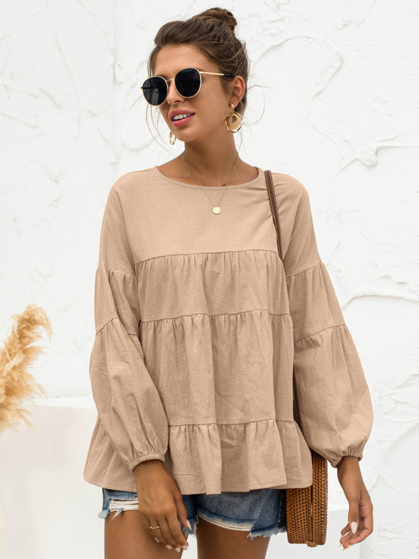xakxx Casual Long Sleeves Puff Sleeves Solid Color Round-Neck T-Shirts Tops