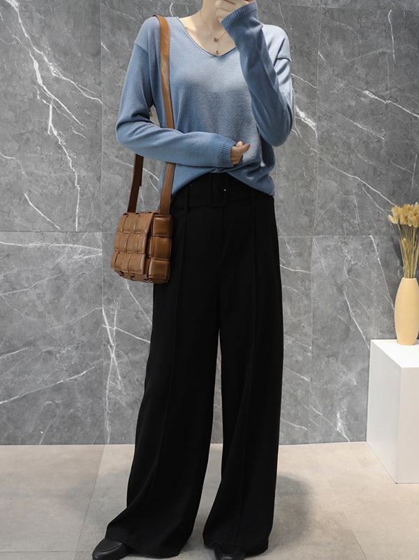xakxx Simple Solid Color V-Neck Long Sleeve Knitwear Tops