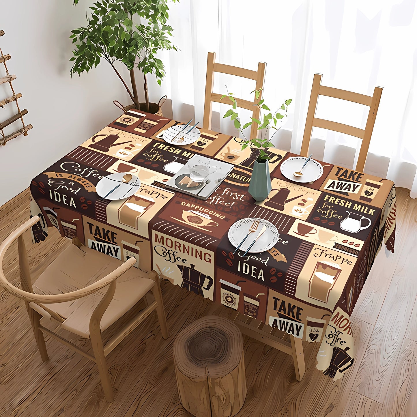 1pc Vintage Coffee Pattern Tablecloth - Stain Resistant, Waterproof, Edge Embossing Craft, No Pleated, Printed Table Cover for Home Decor, Easy to Clean, and Durable