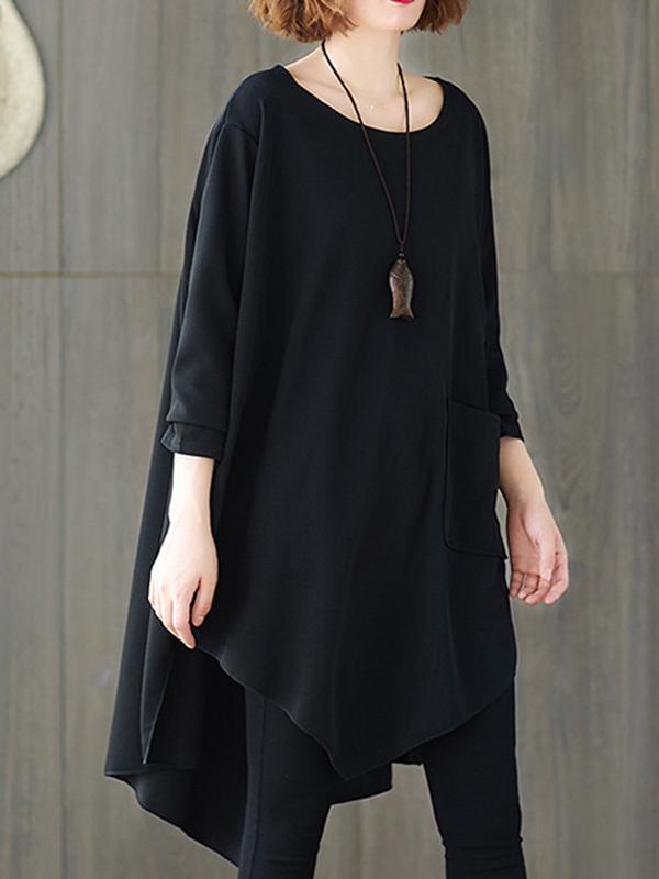 xakxx Loose Black Cropped Solid Long Sleeve T-Shirt