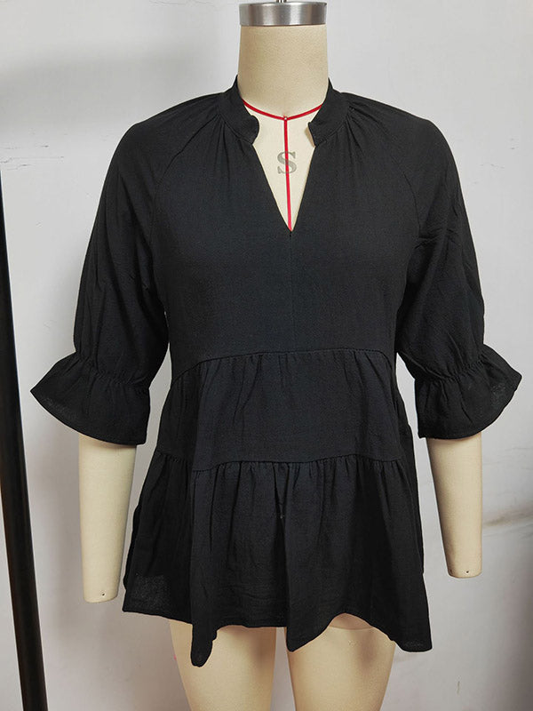xakxx Loose Three-Quarter Sleeves Elasticity Pleated Solid Color Split-Joint V-Neck T-Shirts Tops