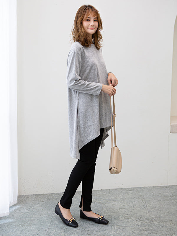 xakxx Casual High-Low Long Sleeves Solid Color Round-Neck T-Shirts Tops