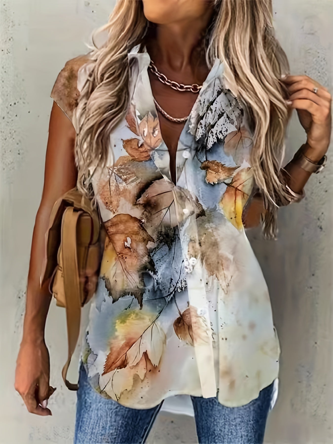 Plus Size Casual Blouse, Women's Plus Leaf Print Cap Sleeve Turn Down Collar Blouse