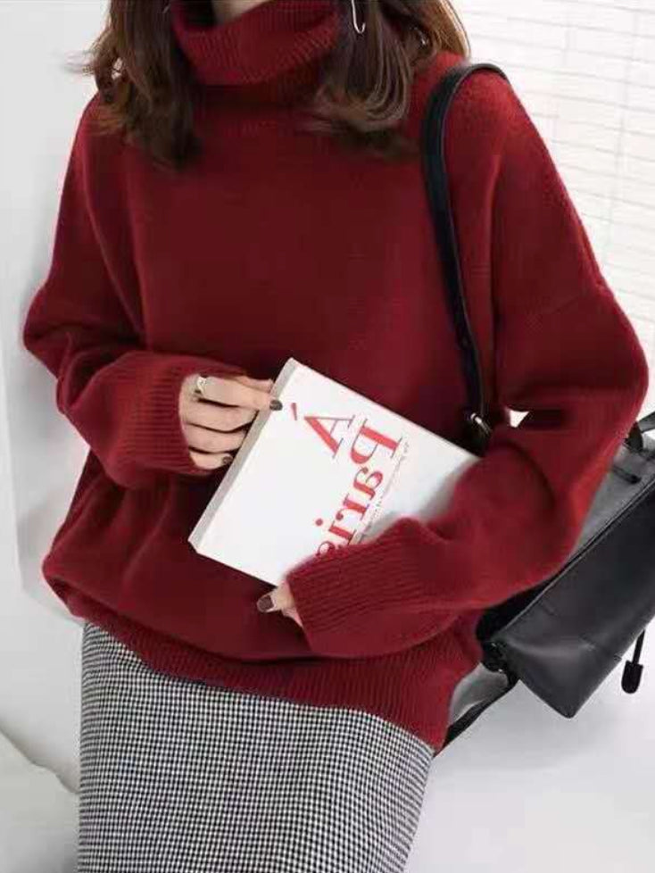 xakxx Casual Loose Long Sleeves Solid Color High-Neck Sweater Tops