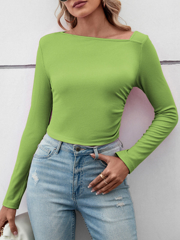 xakxx Long Sleeves Skinny Solid Color Asymmetric Collar T-Shirts Tops