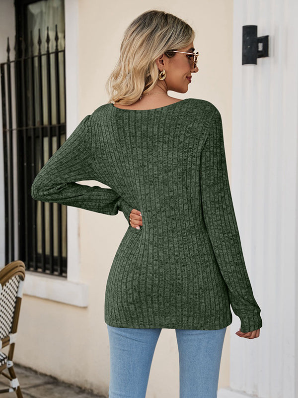 xakxx Casual Long Sleeves Skinny Solid Color Square-Neck Sweater Tops