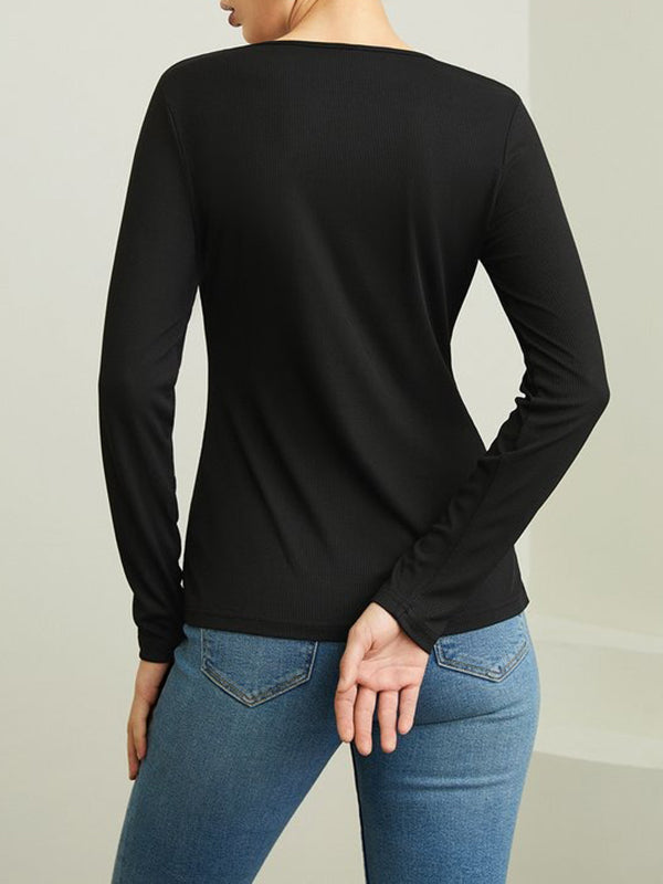 xakxx Skinny Solid Color Split-Joint Split-side Round-neck T-shirts
