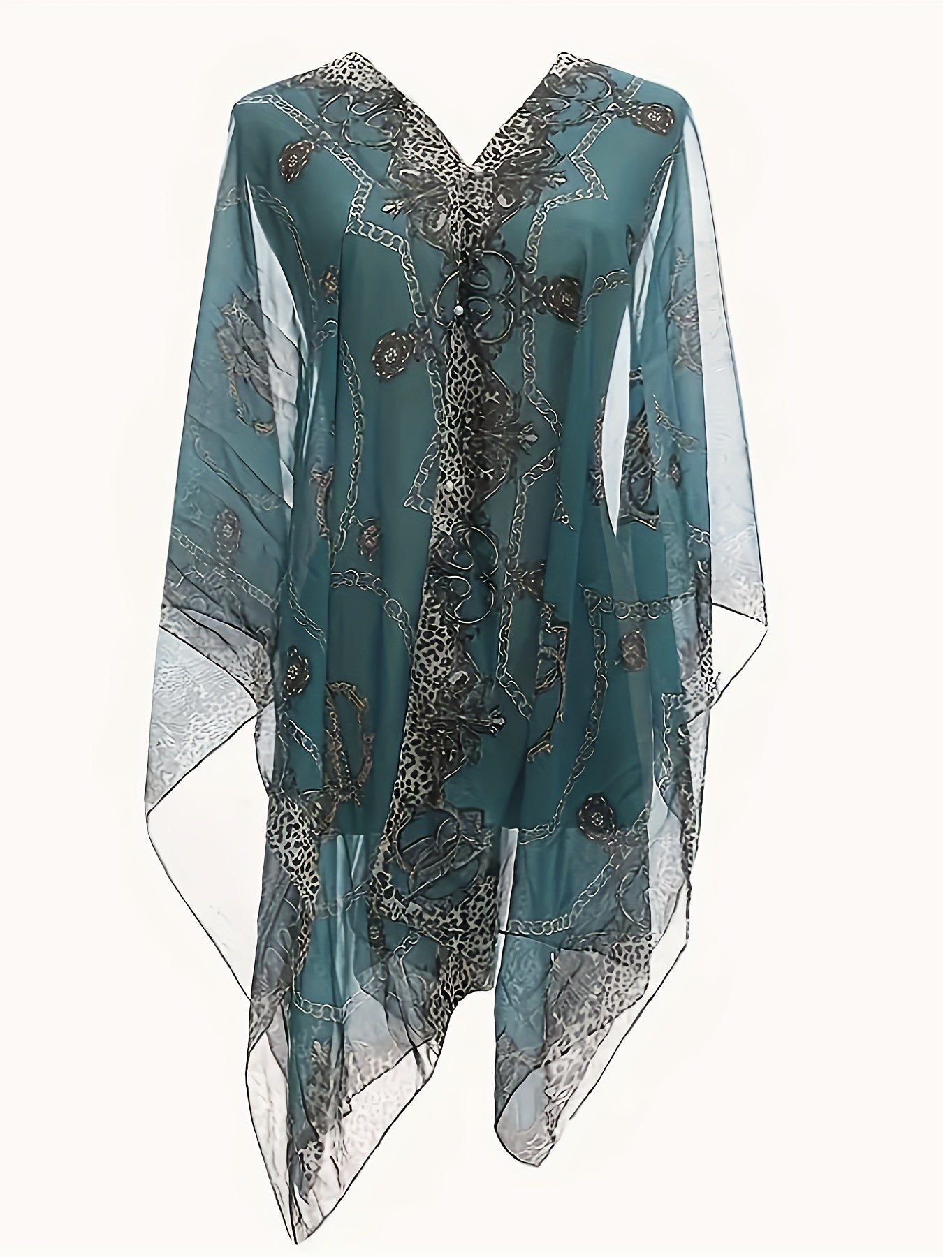 Plus Size Elegant V Neck Shawl Top - Long Sleeve, Semi-Sheer, Positioning Printed, Middle East Style, Woven Polyester Blouse for Spring, Summer, and Fall - Chic Womens Clothing for Curvy Figures