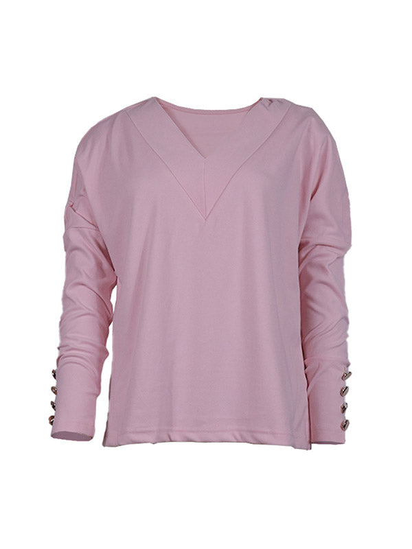 xakxx Long Sleeves Loose Buttoned V-Neck T-Shirts Tops