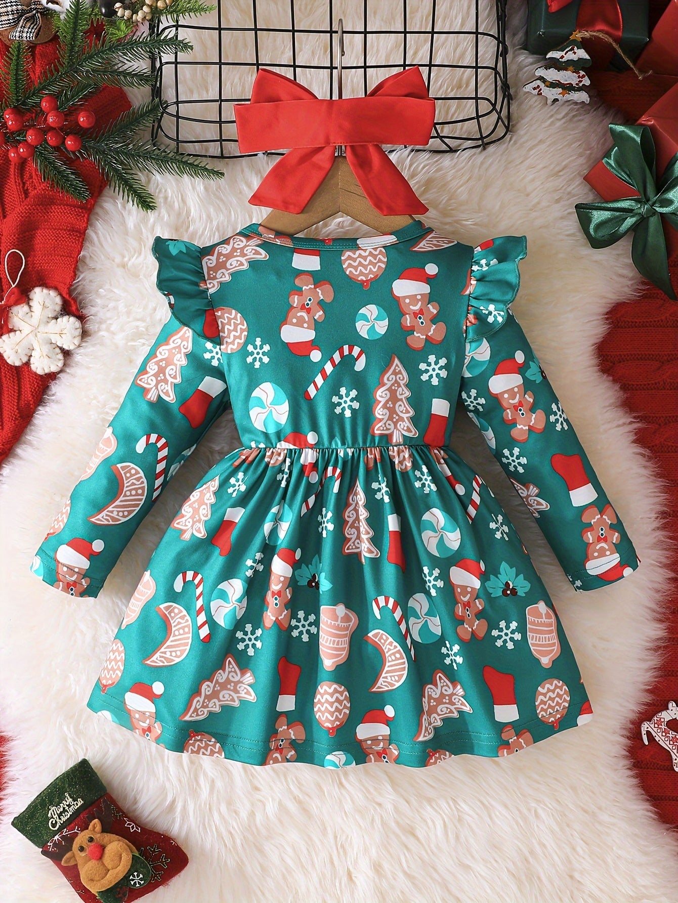 Adorable Girls' Christmas Dress with Festive Print & Matching Solid Color Headband - Long Sleeve, Round Neck, Machine Washable - Perfect for Holiday Outfits, Christmas Elements, Girls' Clothing