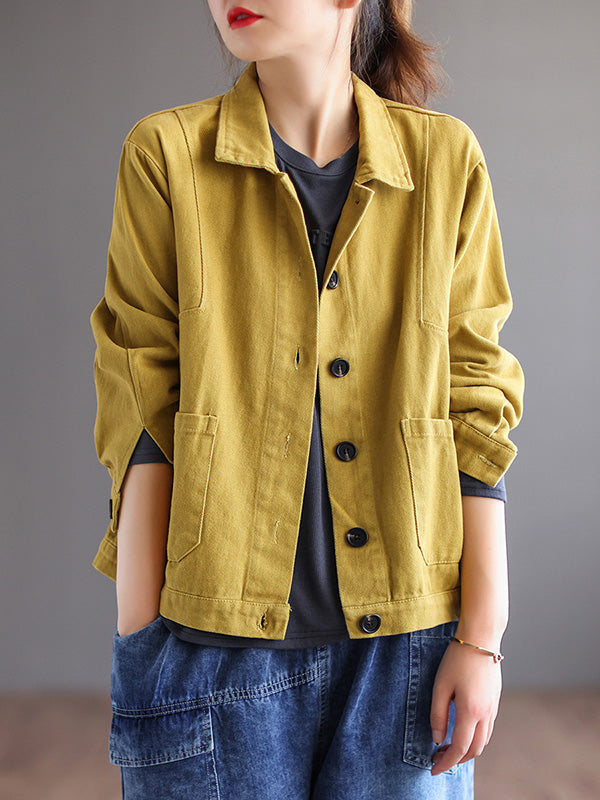 xakxx Vintage Loose Long Sleeves Buttoned Solid Color Lapel Collar Outerwear