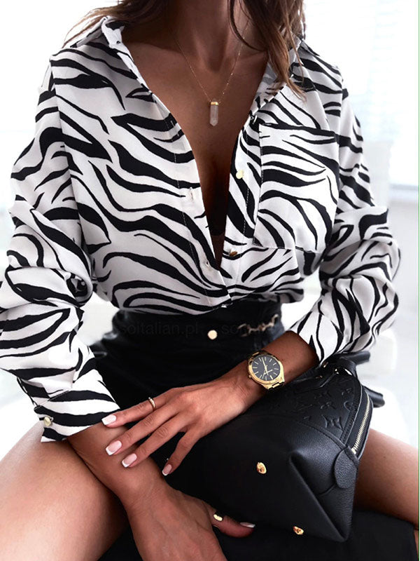 xakxx Long Sleeves Loose Printed Lapel Blouses