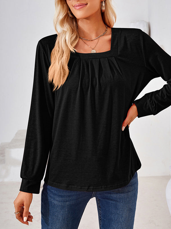 xakxx Long Sleeves Loose Pleated Solid Color Square-Neck T-Shirts Tops