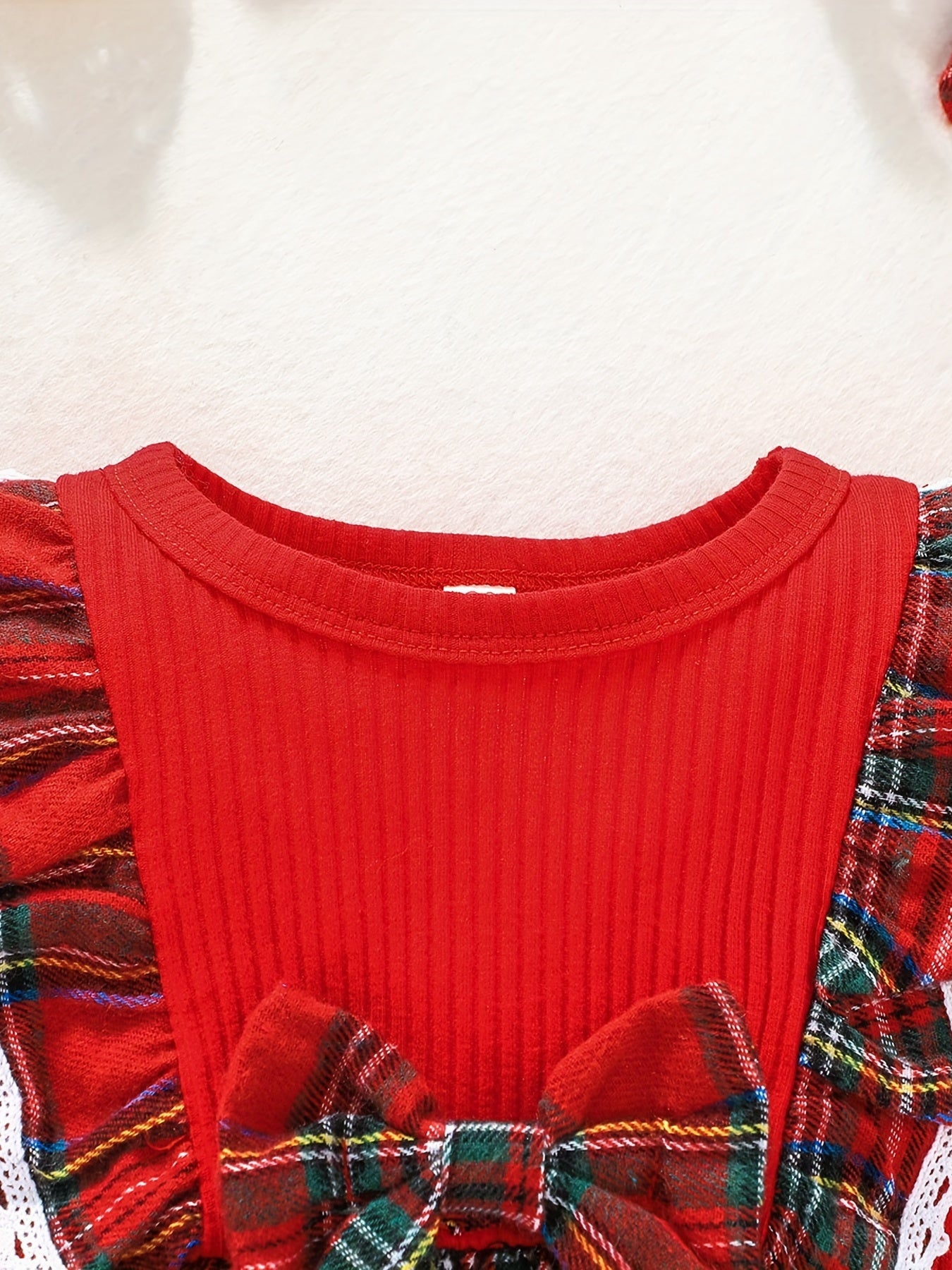 Girls 2pcs Christmas Set Ribbed Knit Plaid Flutter Trim And Bow Dress & Plaid Headband Set, Comfy Sets For Party, Gift, Christmas
