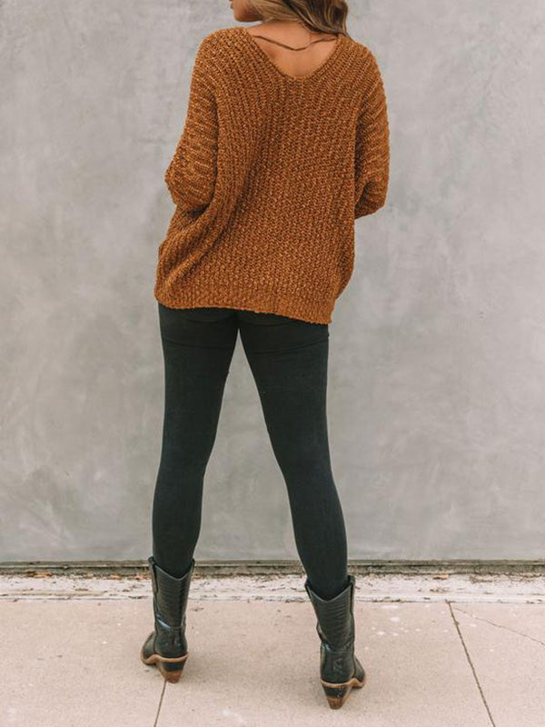xakxx Long Sleeves Loose Solid Color V-Neck Knitwear Pullovers Sweater Tops