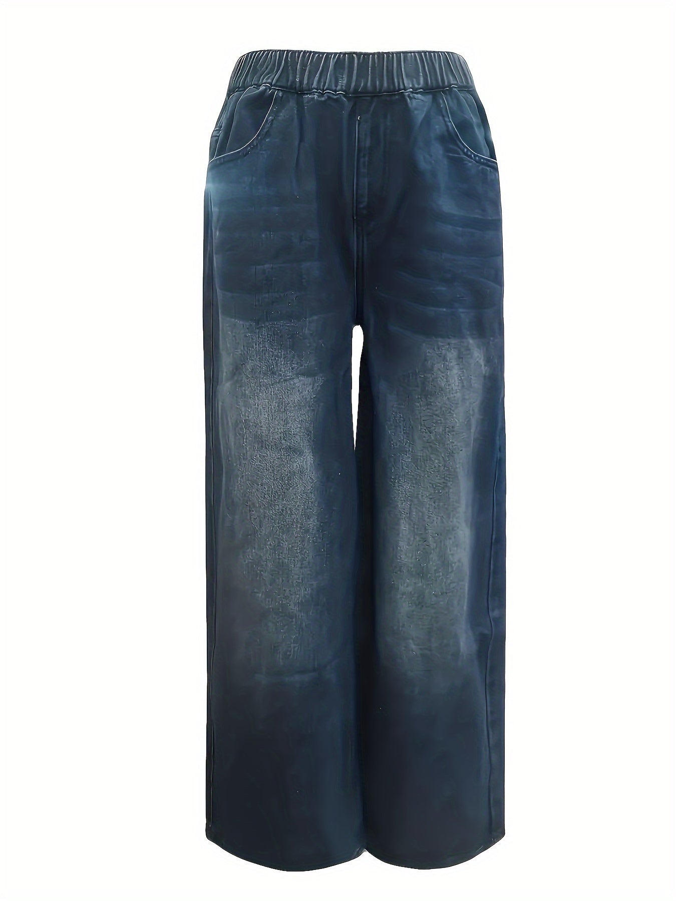 Fashion-Forward Womens Wide Leg Denim Jeans - Elastic Comfort Waistband, Relaxed Fit, Trendy Slash Pockets, Distressed Washed Blue with Whiskers - Hip Pop Street Style Pants for Effortless Chic