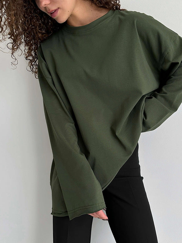 xakxx Long Sleeves Loose Solid Color Round-Neck T-Shirts Tops