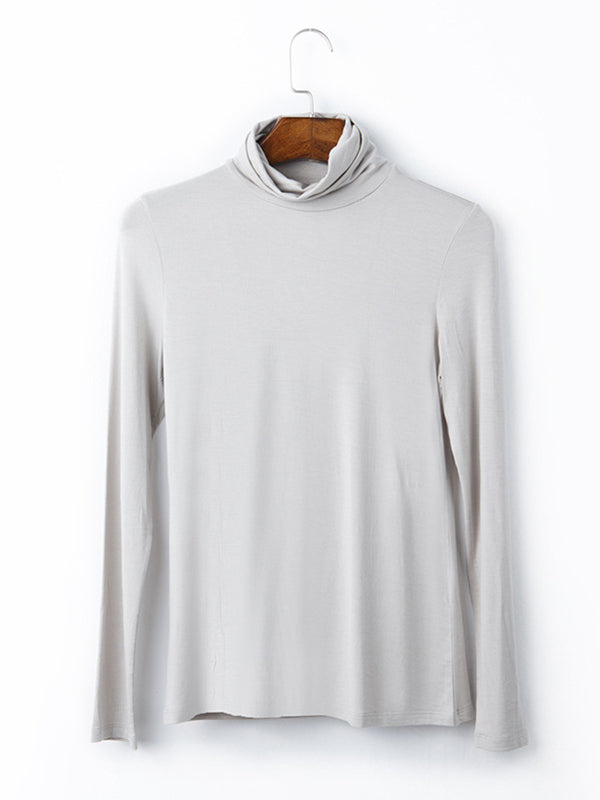 xakxx Simple Long Sleeves Skinny Solid Color High-Neck T-Shirts