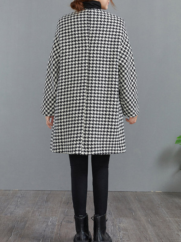 xakxx Loose Houndstooth Buttoned Round-Neck Long Sleeves Woolen Coat