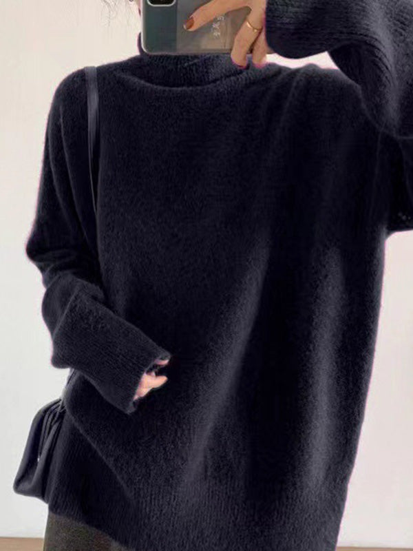 xakxx Casual Long Sleeves Loose Solid Color High-Neck Sweater Tops