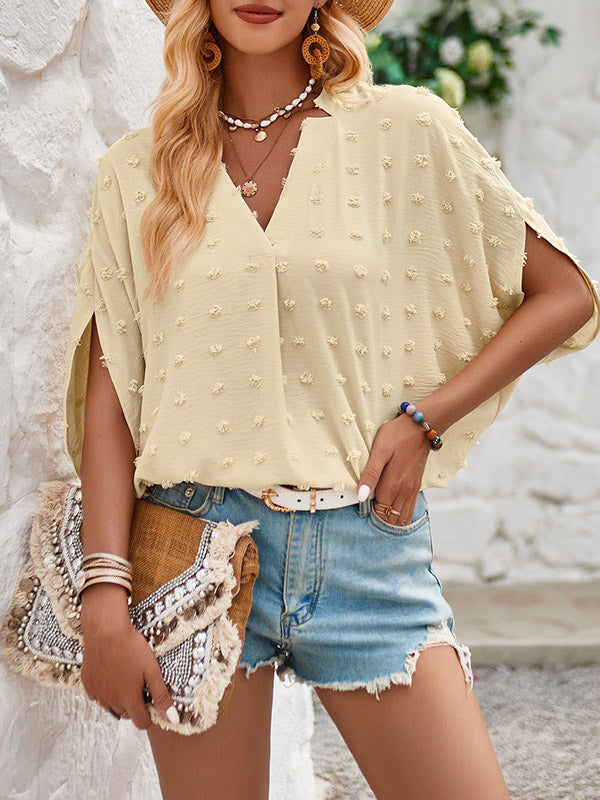 xakxx Half Sleeves Loose Jacquard Solid Color V-Neck T-Shirts Tops