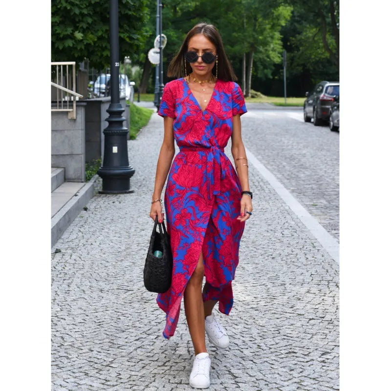 designer womens skirt summer new V-neck print lace-up Lady Floral dress Blue purple pink Urban fashion Clothes 33a fa5
