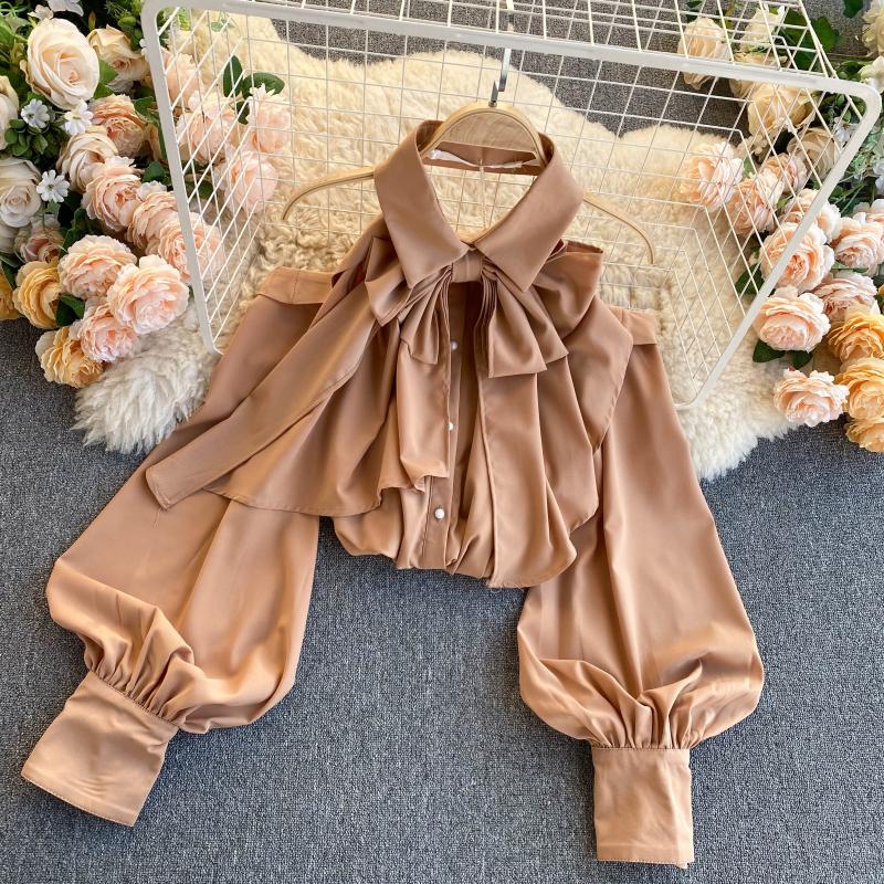Xakxx - Spring Autumn New Blouse Women Halter Scheming Halter Shirt Bowknot Lapel Puff Sleeve Female Top C031