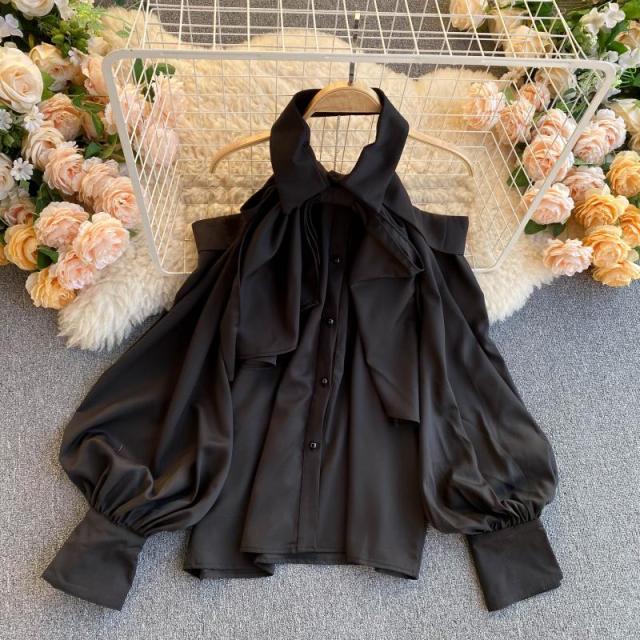 Xakxx - Spring Autumn New Blouse Women Halter Scheming Halter Shirt Bowknot Lapel Puff Sleeve Female Top C031