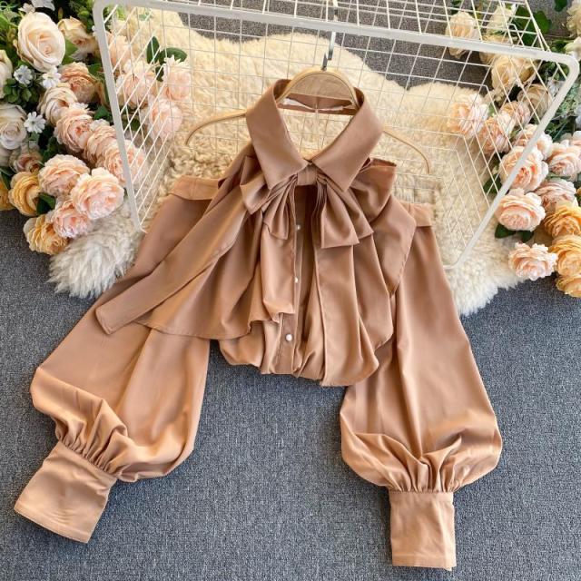 Xakxx - Spring Autumn New Blouse Women Halter Scheming Halter Shirt Bowknot Lapel Puff Sleeve Female Top C031