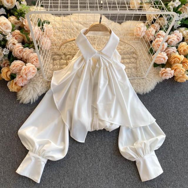 Xakxx - Spring Autumn New Blouse Women Halter Scheming Halter Shirt Bowknot Lapel Puff Sleeve Female Top C031